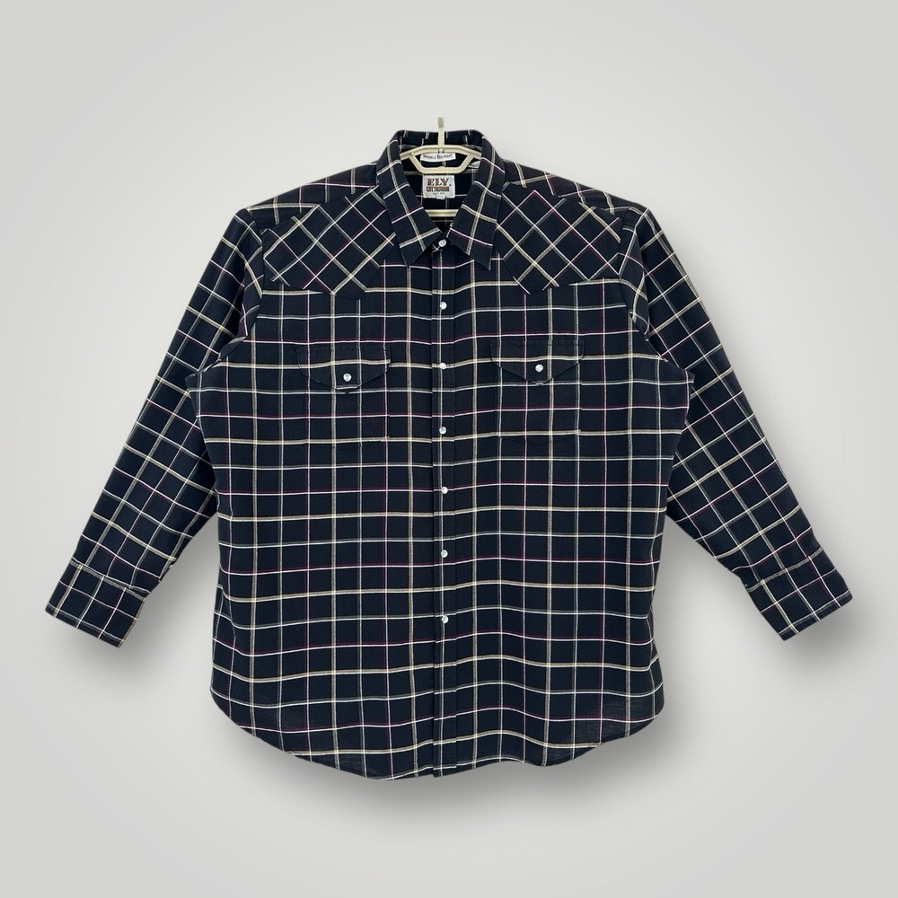 Ely Cattleman Western Shirt‎ Mens 2XL Black Beige Plaid Pearl Snap Flap Pockets